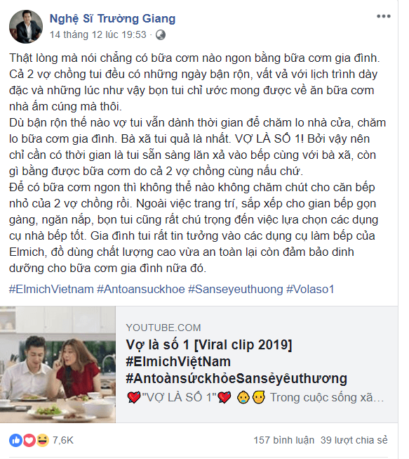 Trường Giang, Mạnh Trường khen ‘vợ là nhất’ trên Facebook