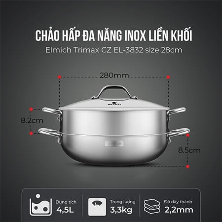 Chảo hấp đa năng inox liền khối Elmich Trimax CZ EL-3832 size 28cm
