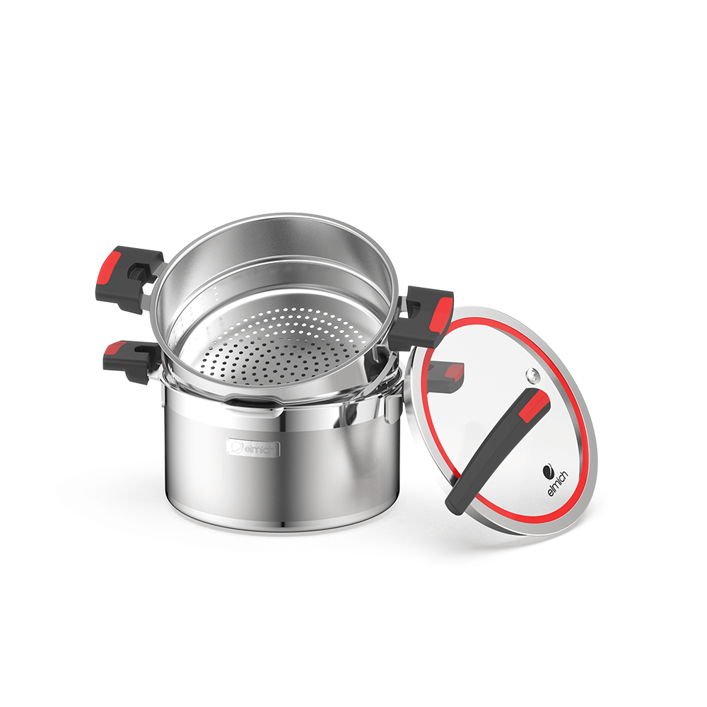 Bộ nồi inox liền khối Elmich Milano EL-8272 size 16,18,20 nồi hấp 22,chảo 20,26cm