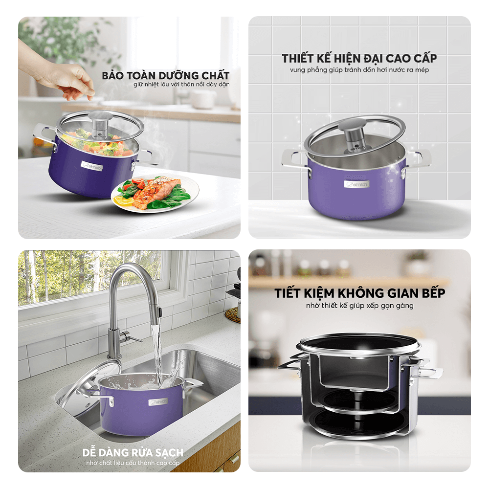 Bộ nồi Inox liền khối Elmich Hera EL-8197 size 18,nồi hấp 22,chảo 26cm