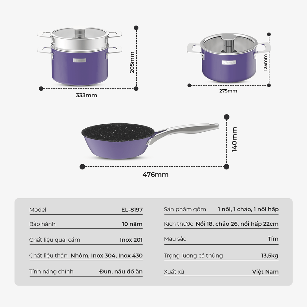 Bộ nồi Inox liền khối Elmich Hera EL-8197 size 18,nồi hấp 22,chảo 26cm
