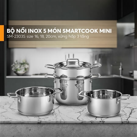 Bộ nồi inox 5 món Smartcook Mini SM 2303S size 16,18,20,xửng hấp 3 tầng size 16,18,20cm