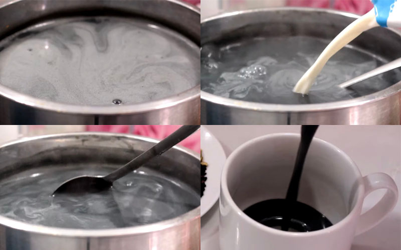 Nấu hỗn hợp để hoàn thành món sữa hạt sen mè đen