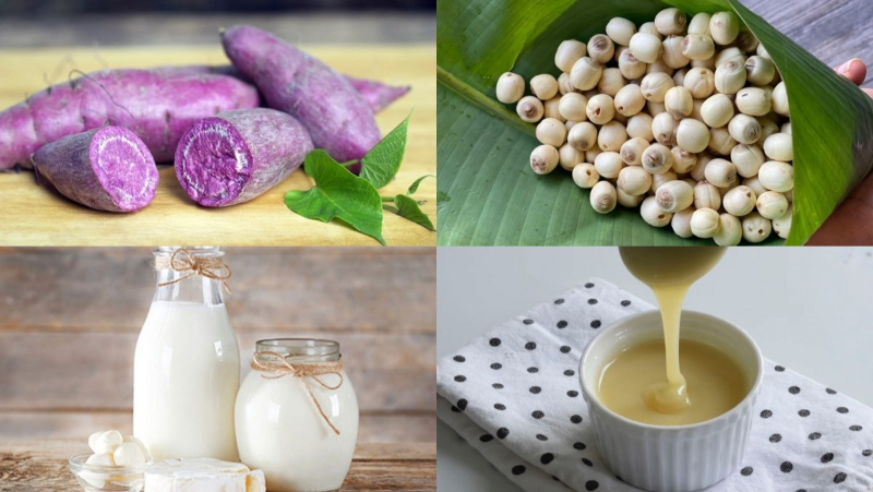Các nguyên liệu cần có để làm sữa khoai lang hạt sen