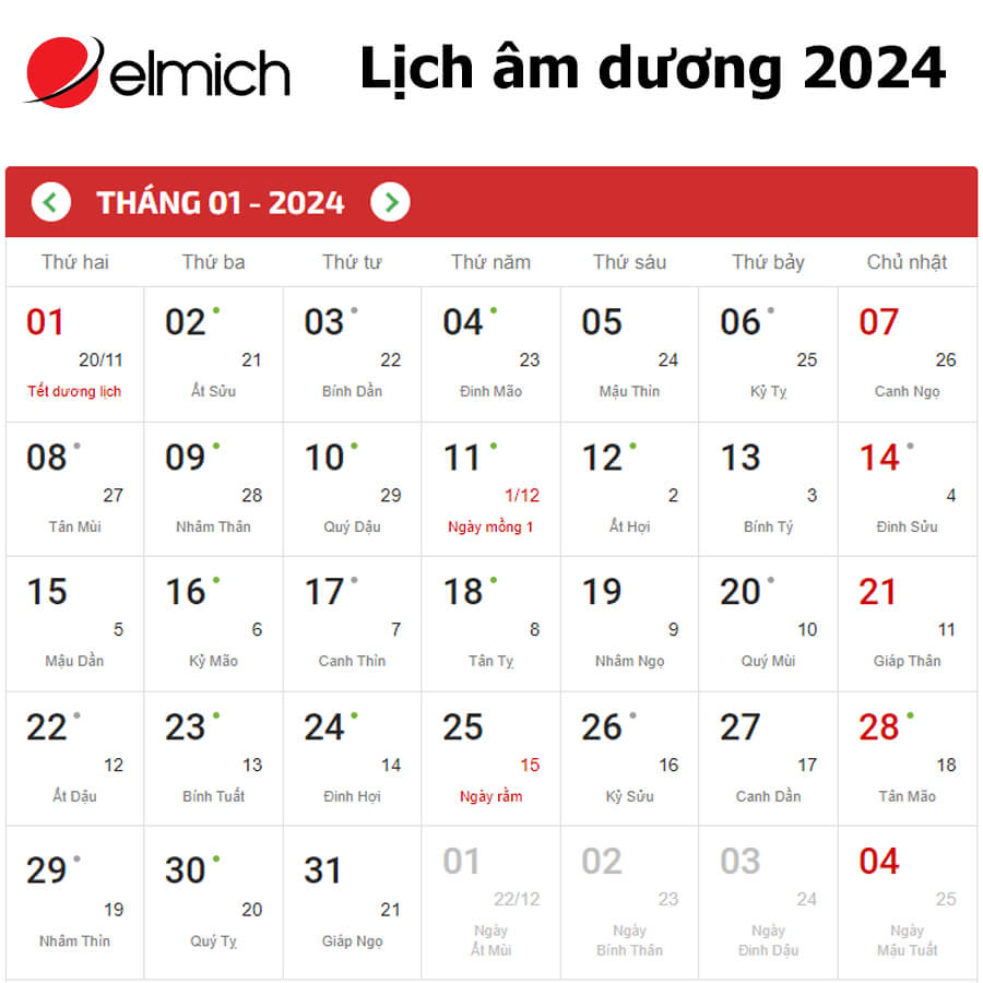 Lịch tháng 1 2024