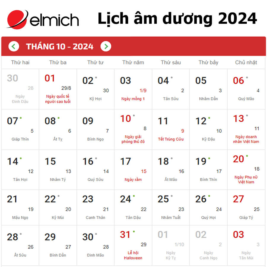 Lịch tháng 10 2024
