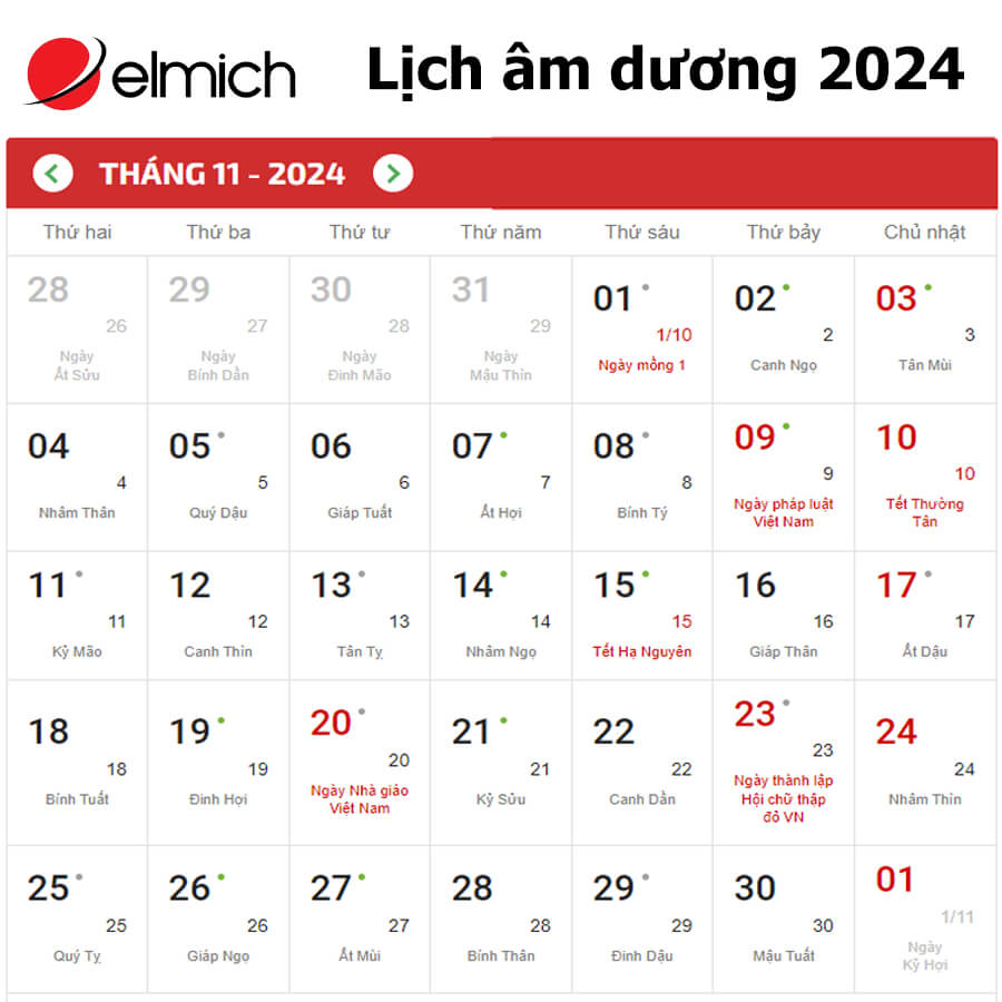 Lịch tháng 11 2024