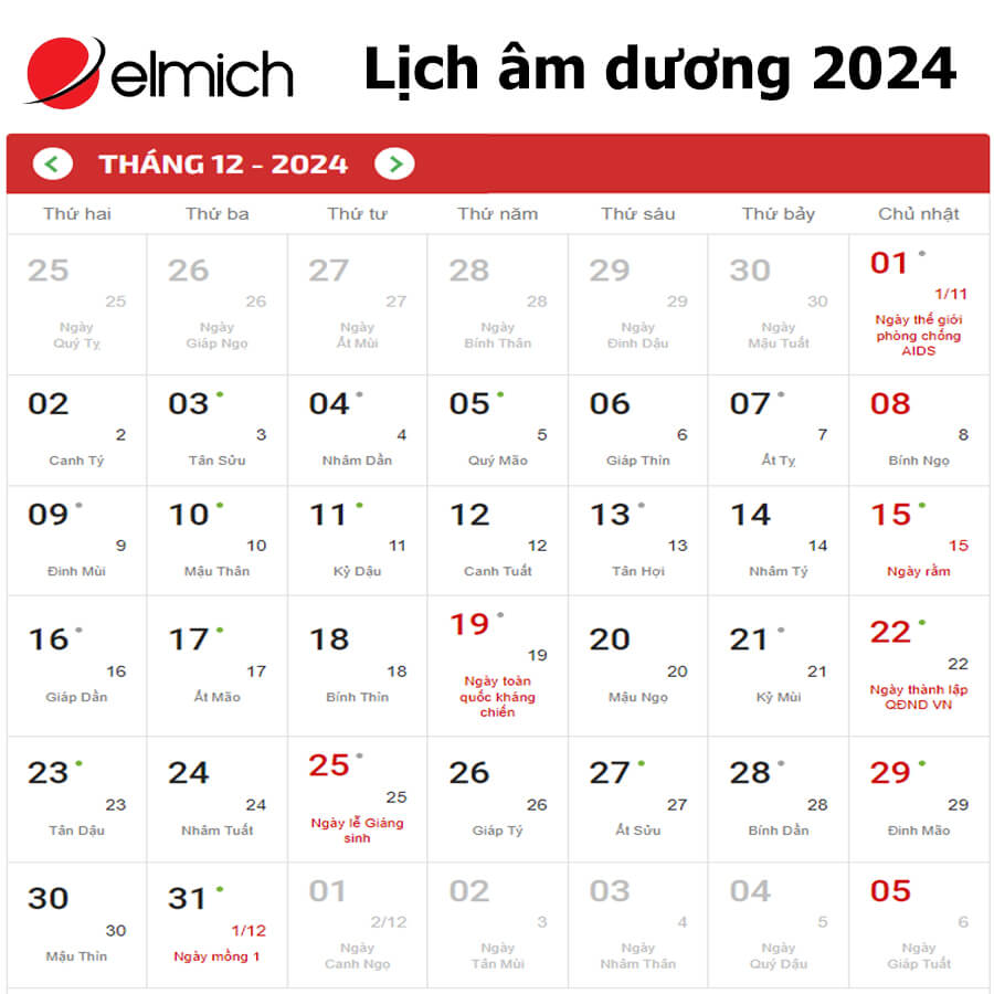 Lịch tháng 12 2024