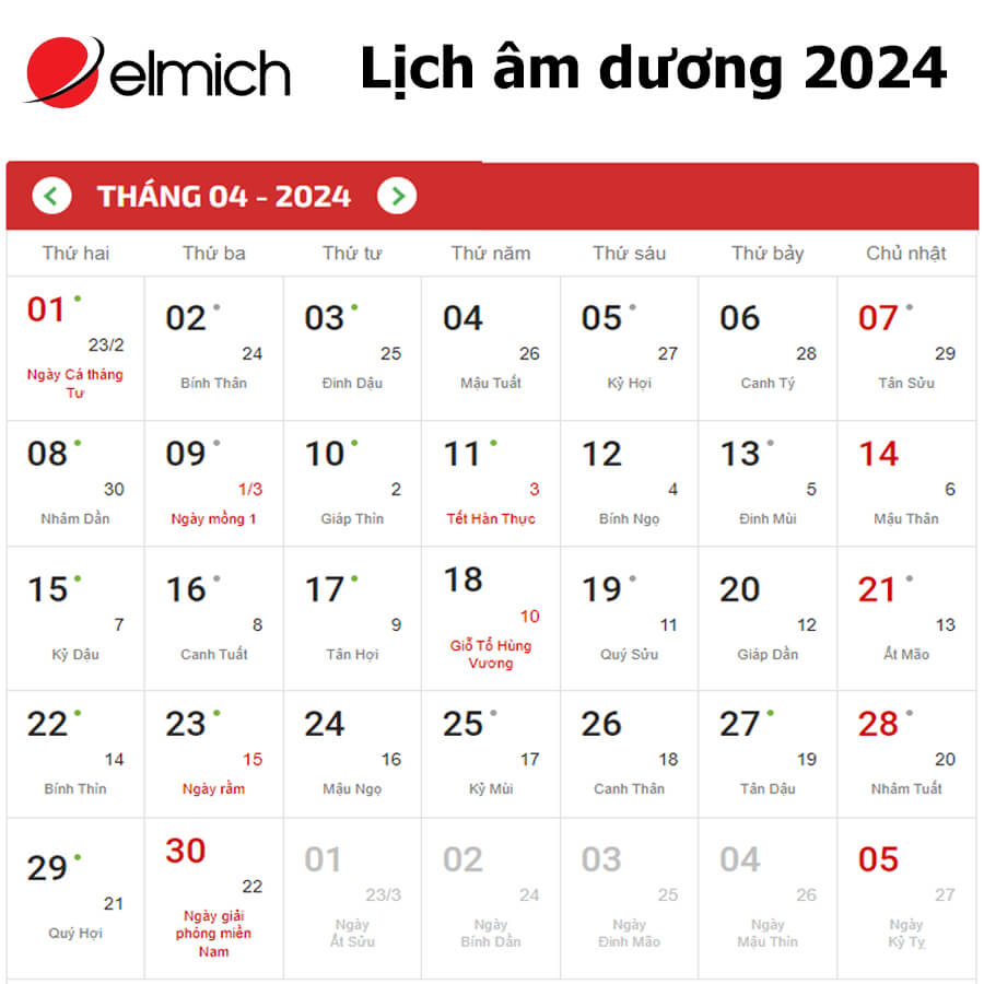 Lịch tháng 4 2024