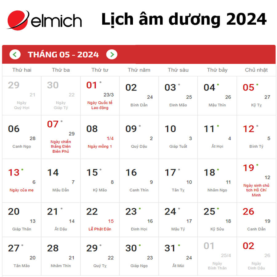Lịch tháng 5 2024