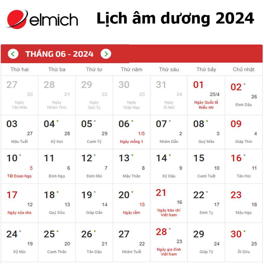 Lịch tháng 6 2024