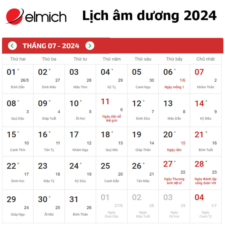 Lịch tháng 7 2024