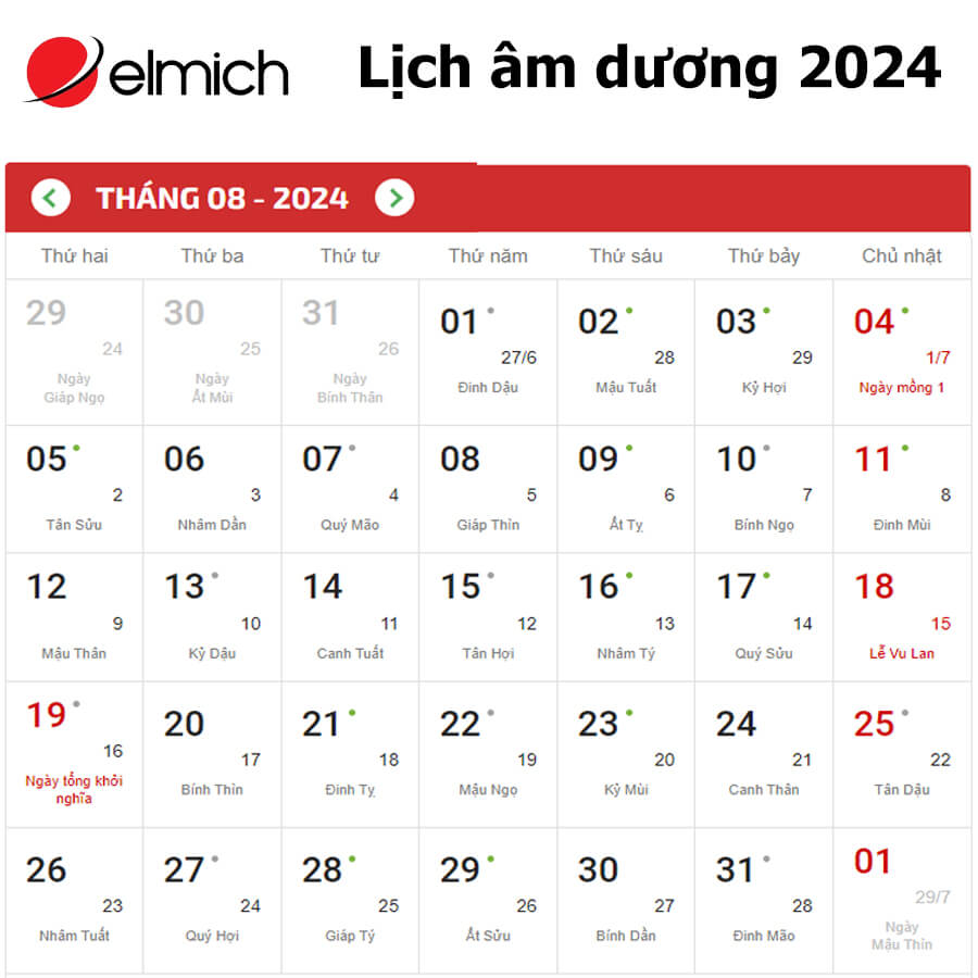 Lịch tháng 8 2024