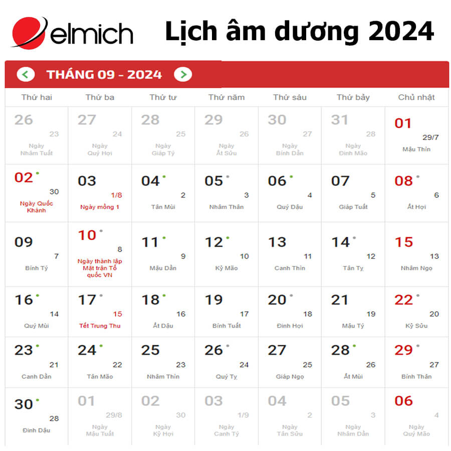 Lịch tháng 9 2024