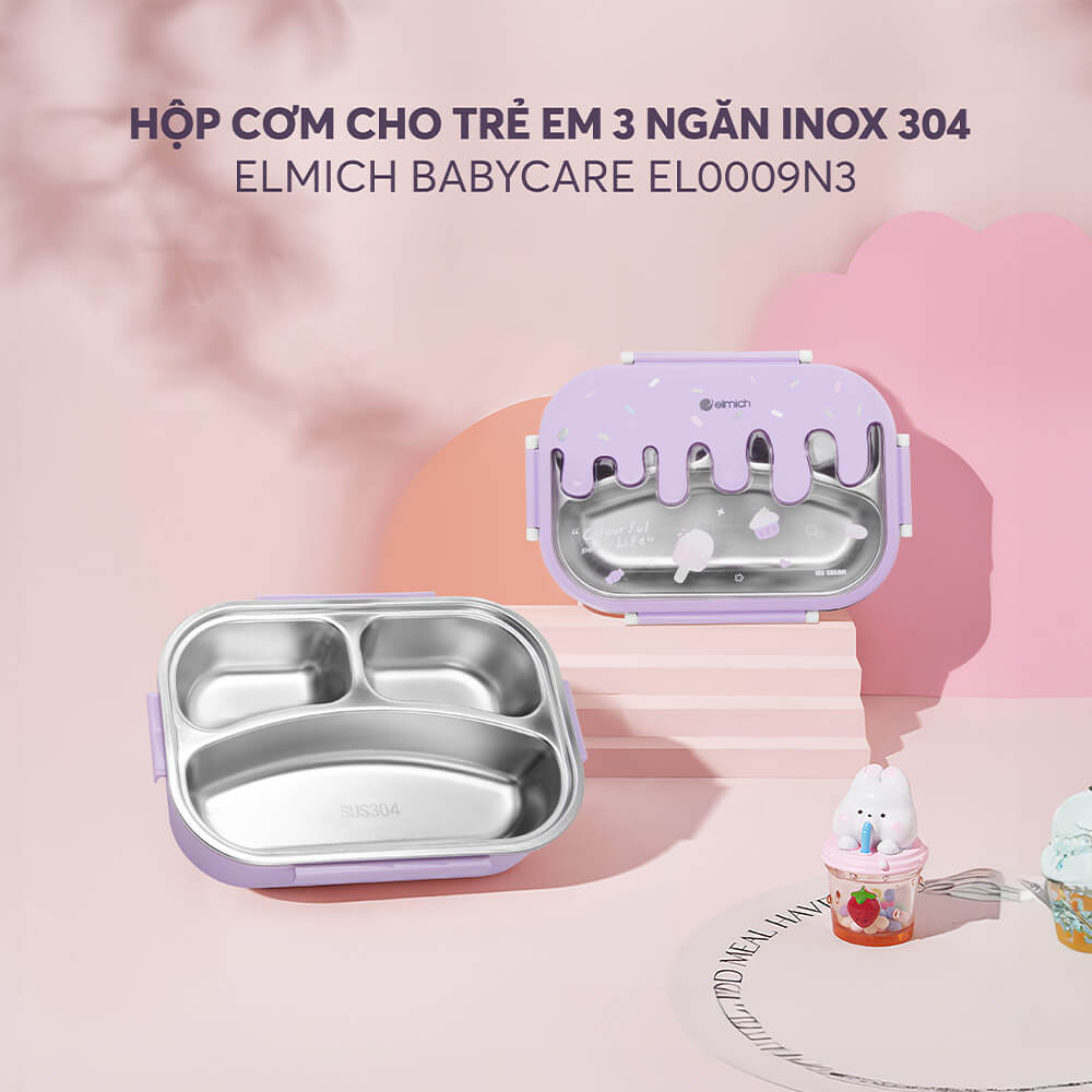Hộp cơm cho trẻ em 3 ngăn,inox 304,dung tích 650mL Elmich Babycare EL-0009N3
