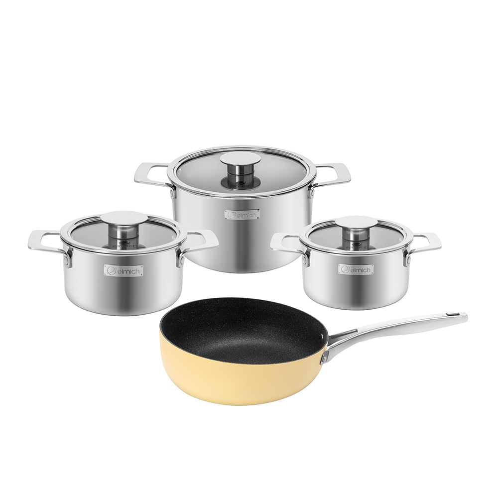 Bộ nồi Inox liền khối Elmich Hera EL-8138IN size 16,18,22 tặng kèm chảo chống dính full induction 26cm