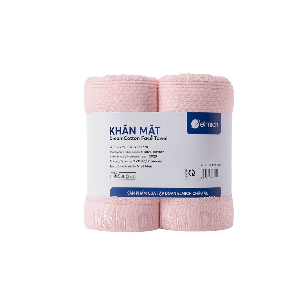 Bộ 2 khăn mặt 100% cotton cao cấp Elmich Dr.Sleep – Hồng Pastel